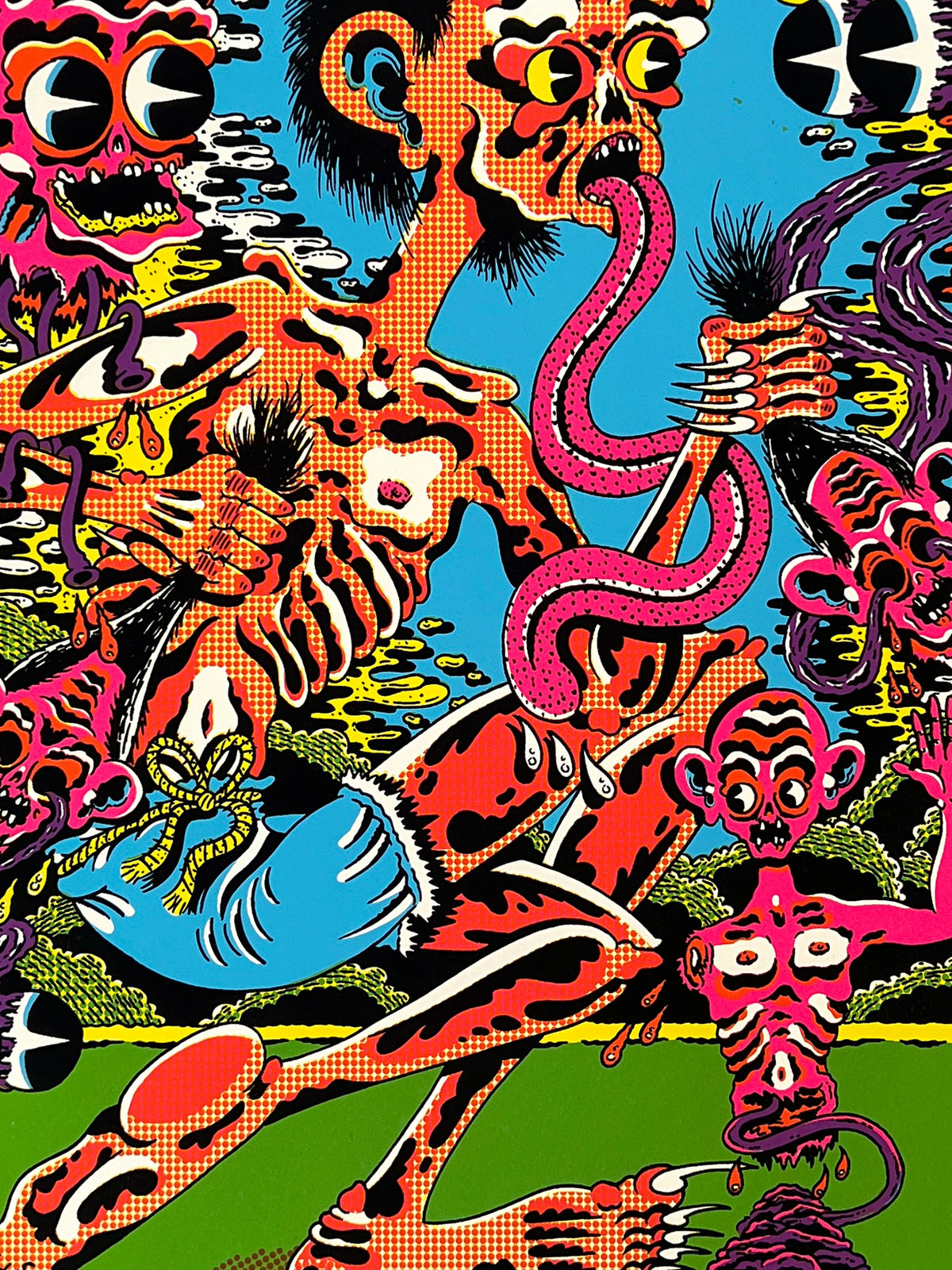Detail of Narok Heads, a screen print by Matt Crabe published by Le Dernier Cri